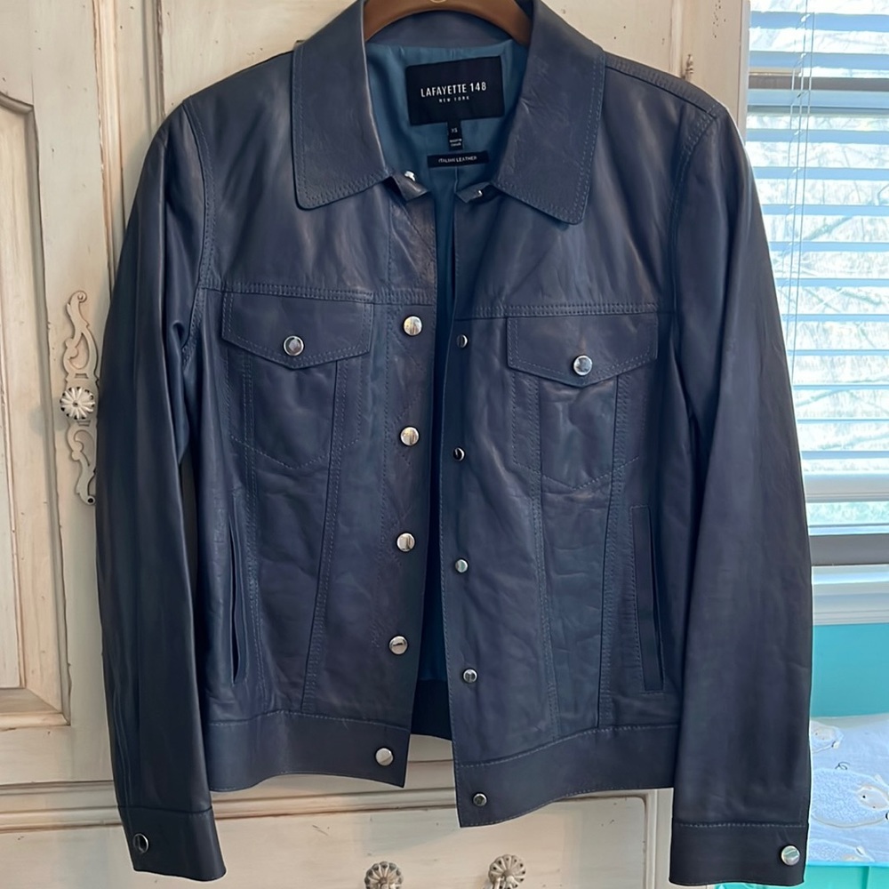 Lafayette148 Blue Italian Leather Jacket